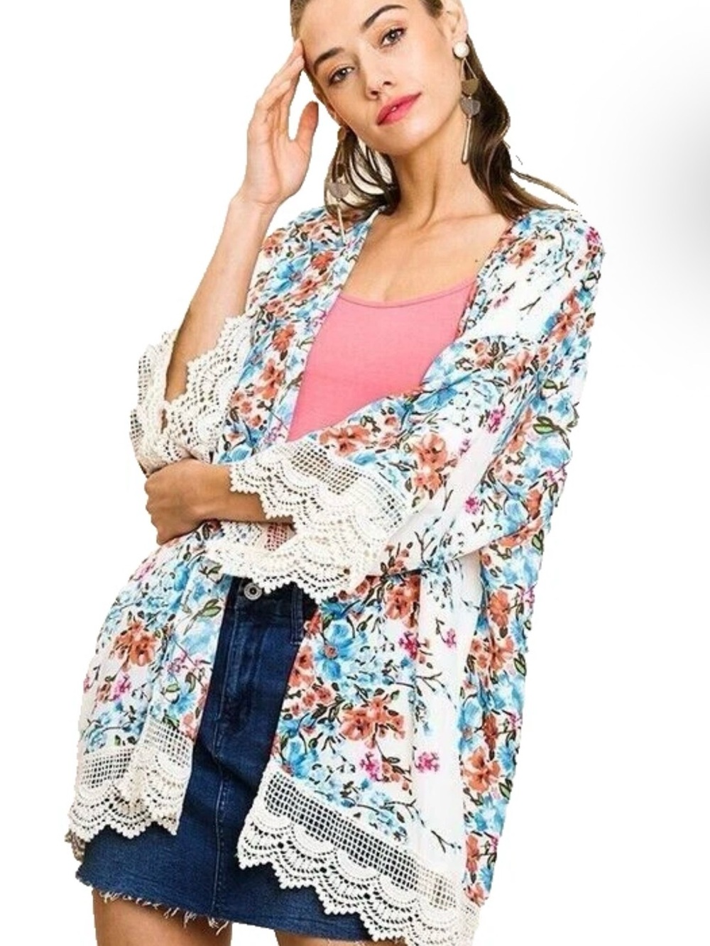 Umgee Cream Label with Deep Red Fabric Kimono/Swimsuit cover
